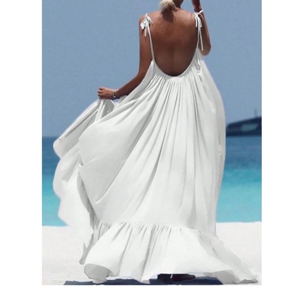 Boho White Shoulder Tie Ruffle Hem Flowy Maxi Dress - Picture 1 of 6